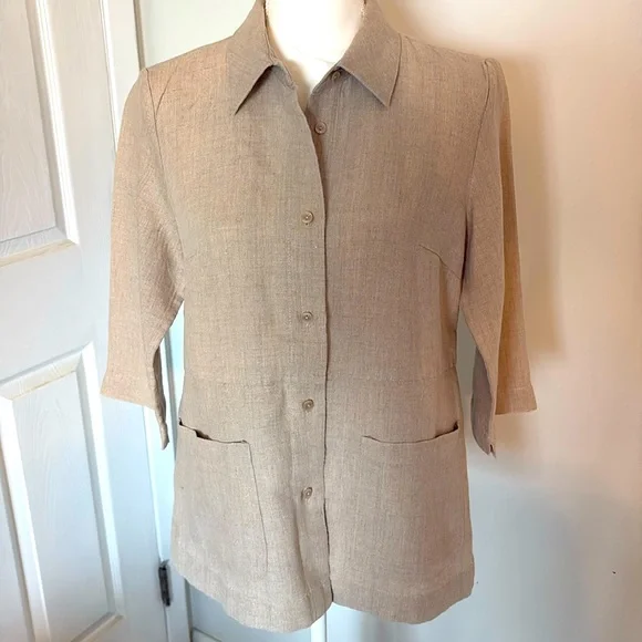 Linen Shirt Jacket Neutral Minimalist Button Front Capsule Wardrobe Layering Top - Picture 3 of 8